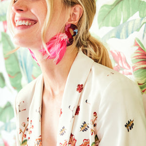 Hot Pink Beaded and Feather Flamingo Earrings Styled on Model