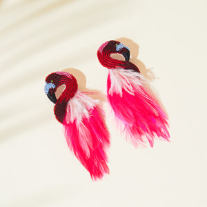 Hot Pink Beaded and Feather Flamingo Earrings on Cream Background