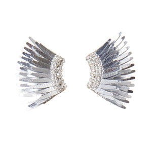 Metallic Silver Wing Stud Earrings on Flat White Background