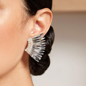 Metallic Silver Wing Stud Earrings Styled on Model