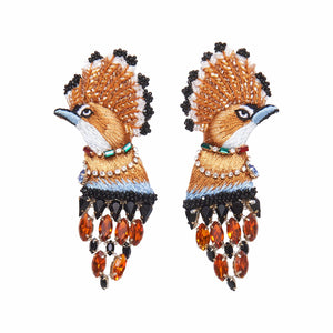 Gold, Black, and Multi Colored Crystal and Bead Bird Earrings on Flat White Background