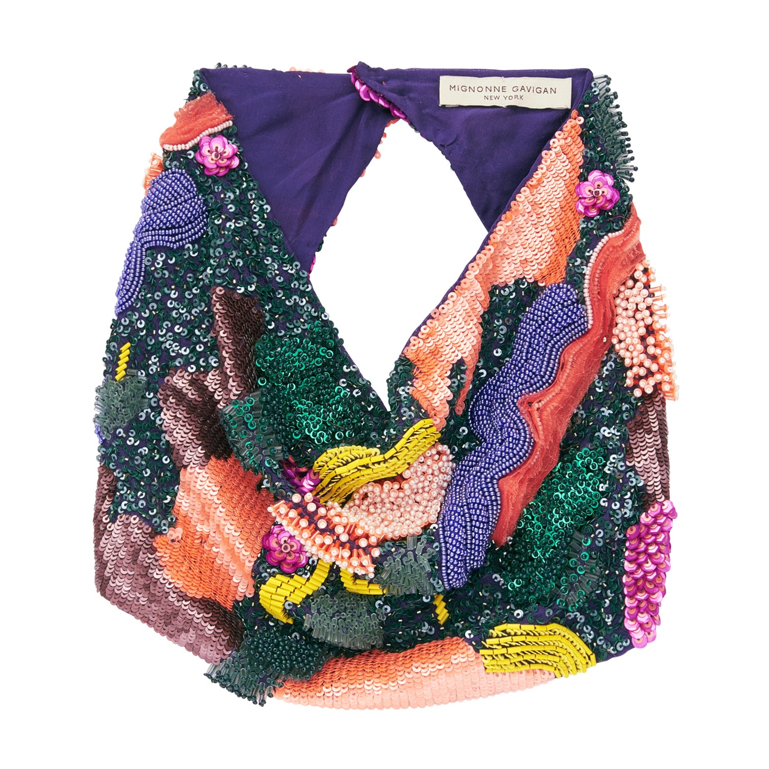 Multi-colored bead and sequin scarf necklace on white background
