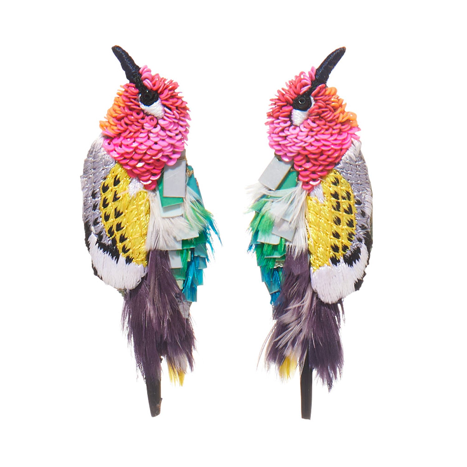 Multi-Colored Feather and Bead Bird Earrings on Flat White Background