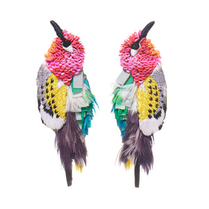 Multi-Colored Feather and Bead Bird Earrings on Flat White Background
