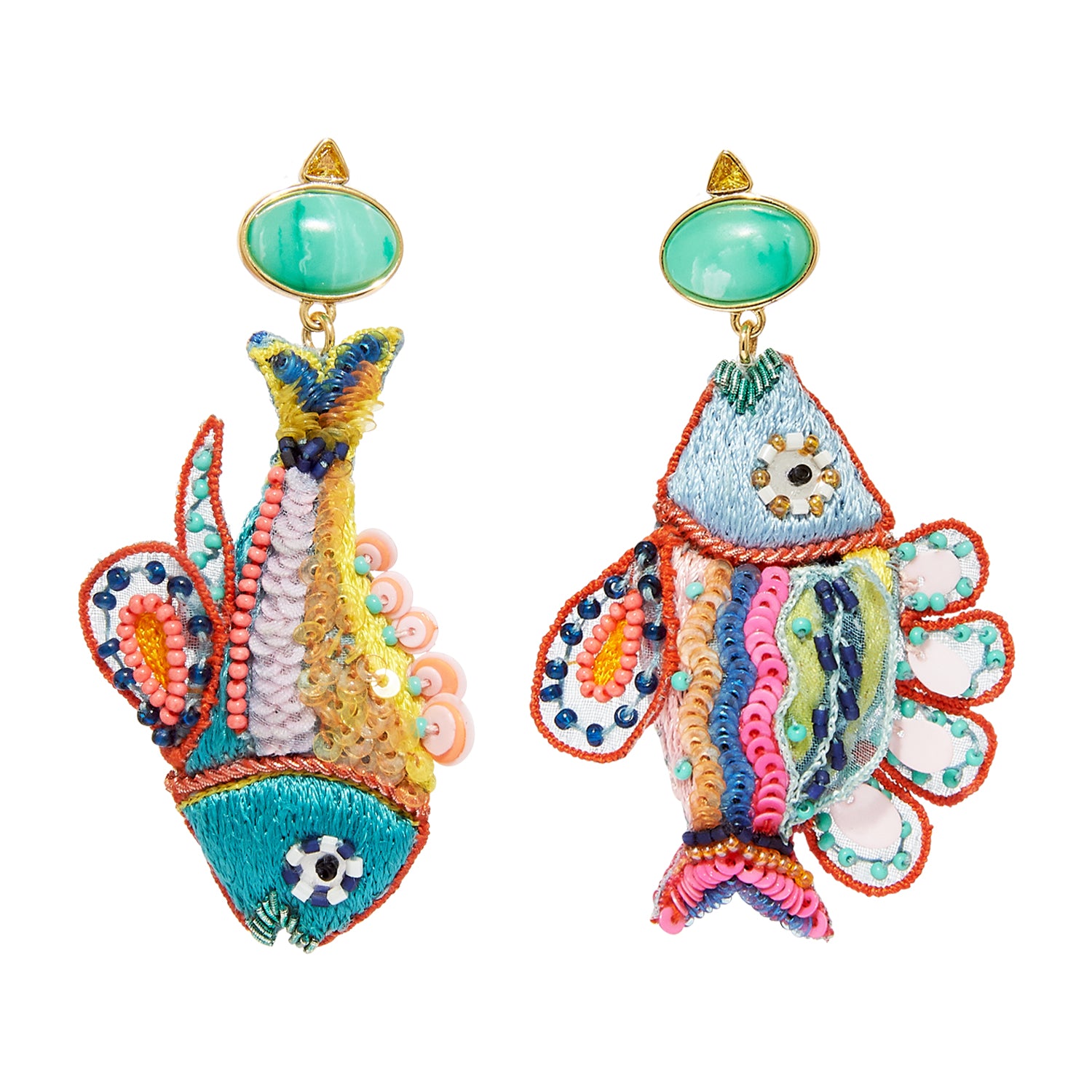 Multi-Colored Beaded and Embroidered Fish Drop Earrings on Flat White Background