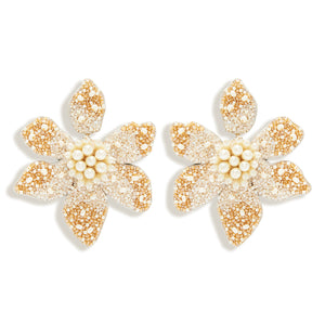 Cream and Tan Bead and Pearl Flower Drop Earrings on Flat White Background