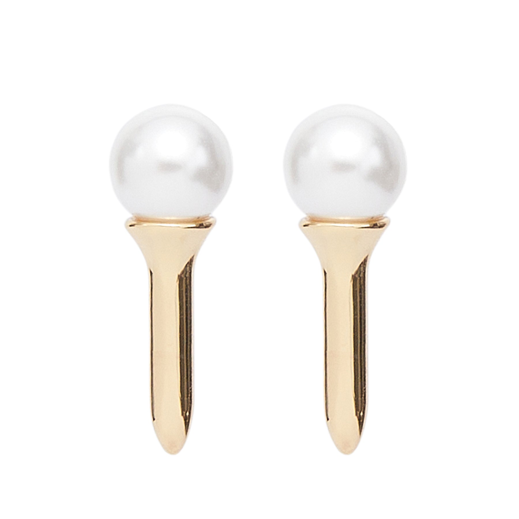 Gold and Pearl Golf Tee Stud Earrings on Flat White Background