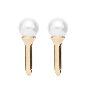 Gold and Pearl Golf Tee Stud Earrings on Flat White Background