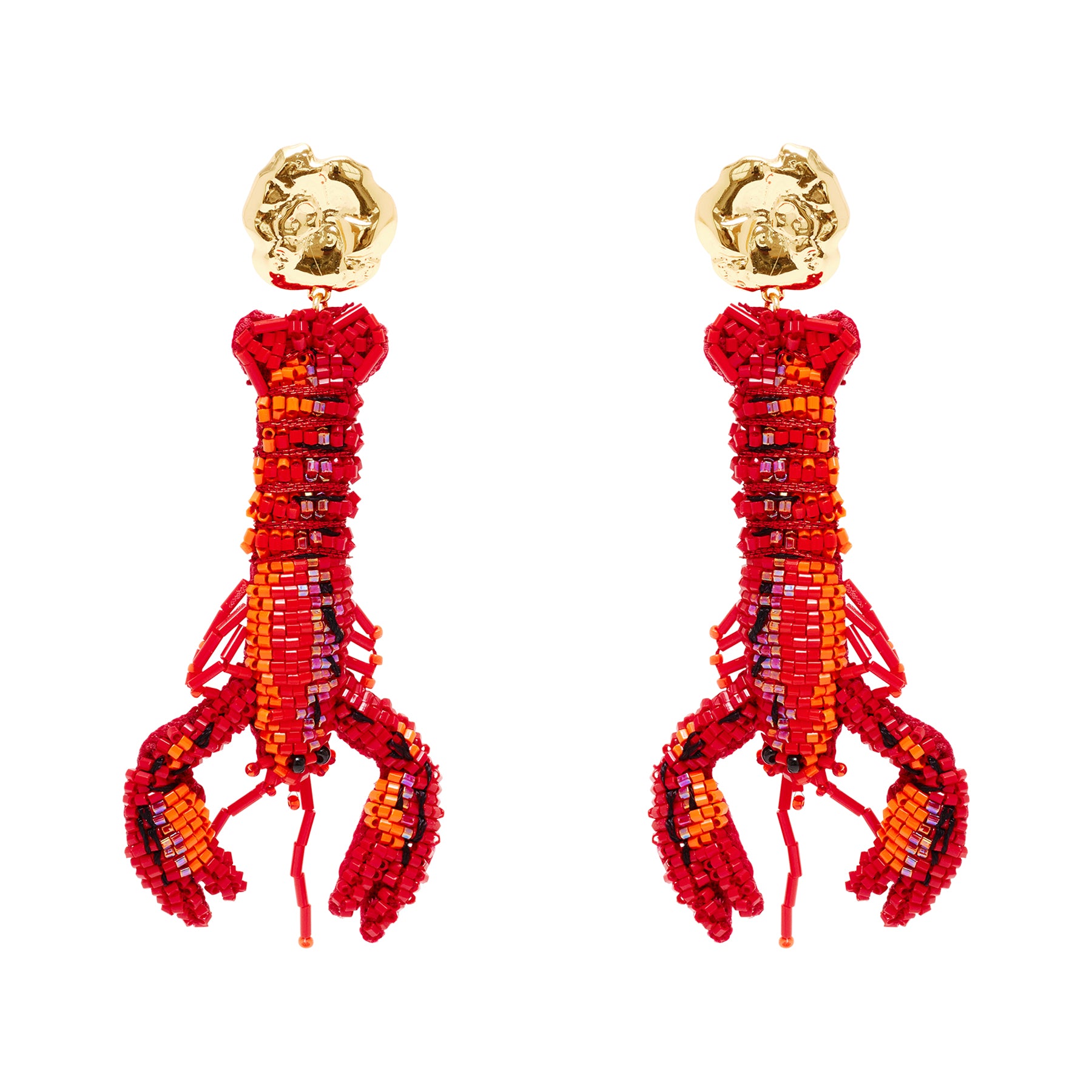 Red Beaded Lobster Drop Earrings on Flat White Background