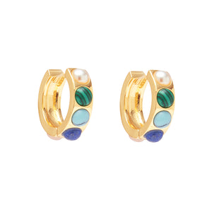 Pearl, Green, and Blue Stone Gold Hoop Earrings on Flat White Background