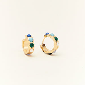 Pearl, Green, and Blue Stone Gold Hoop Earrings on Cream Background