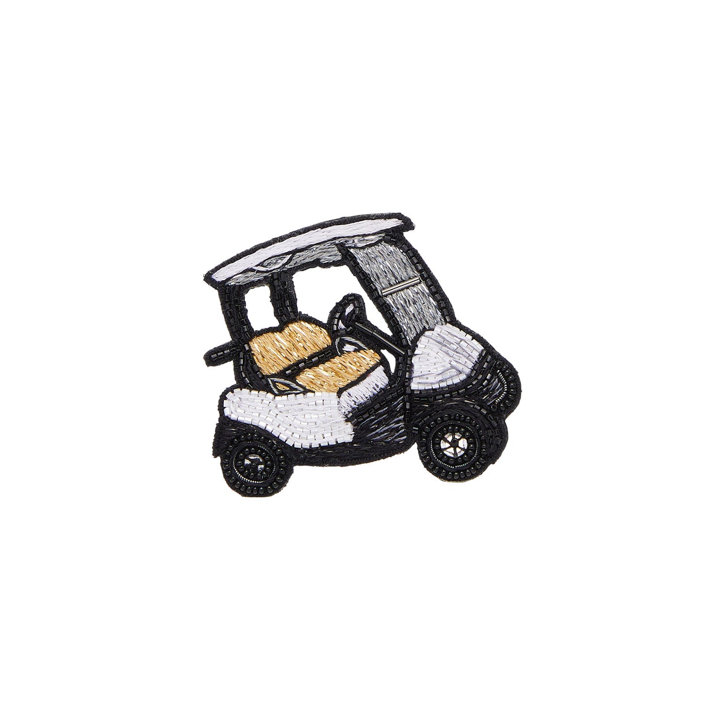 White, Black, and Gold Beaded Golf Cart Brooch on Flat White Background