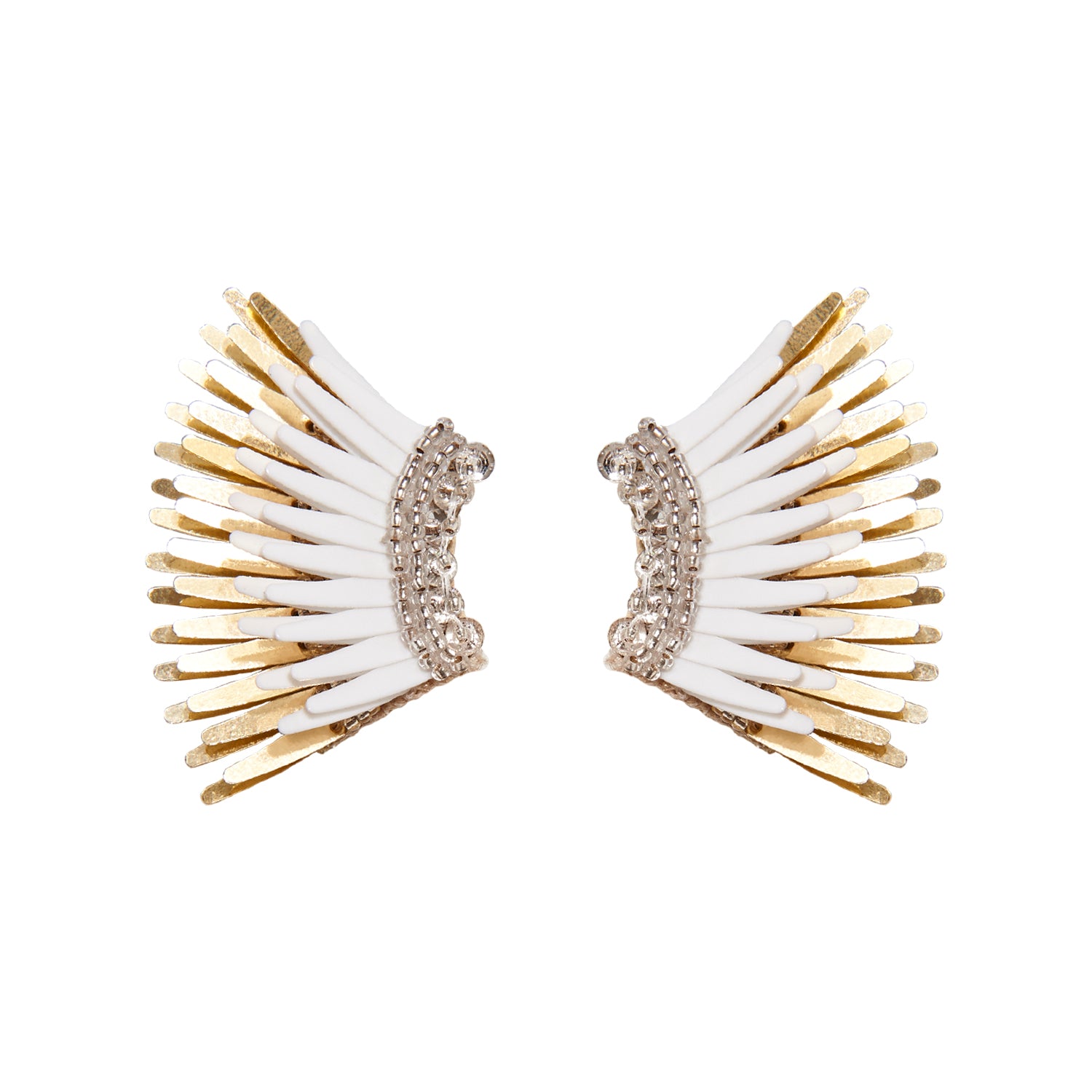 White Gold Sequin Wing Stud Earrings on Flat White Background