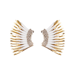 White Gold Sequin Wing Stud Earrings on Flat White Background