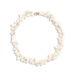 White Pearl and Crystal Collar Necklace on Flat White Background