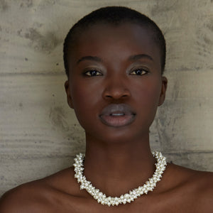 White Pearl and Crystal Collar Necklace Styled on Model