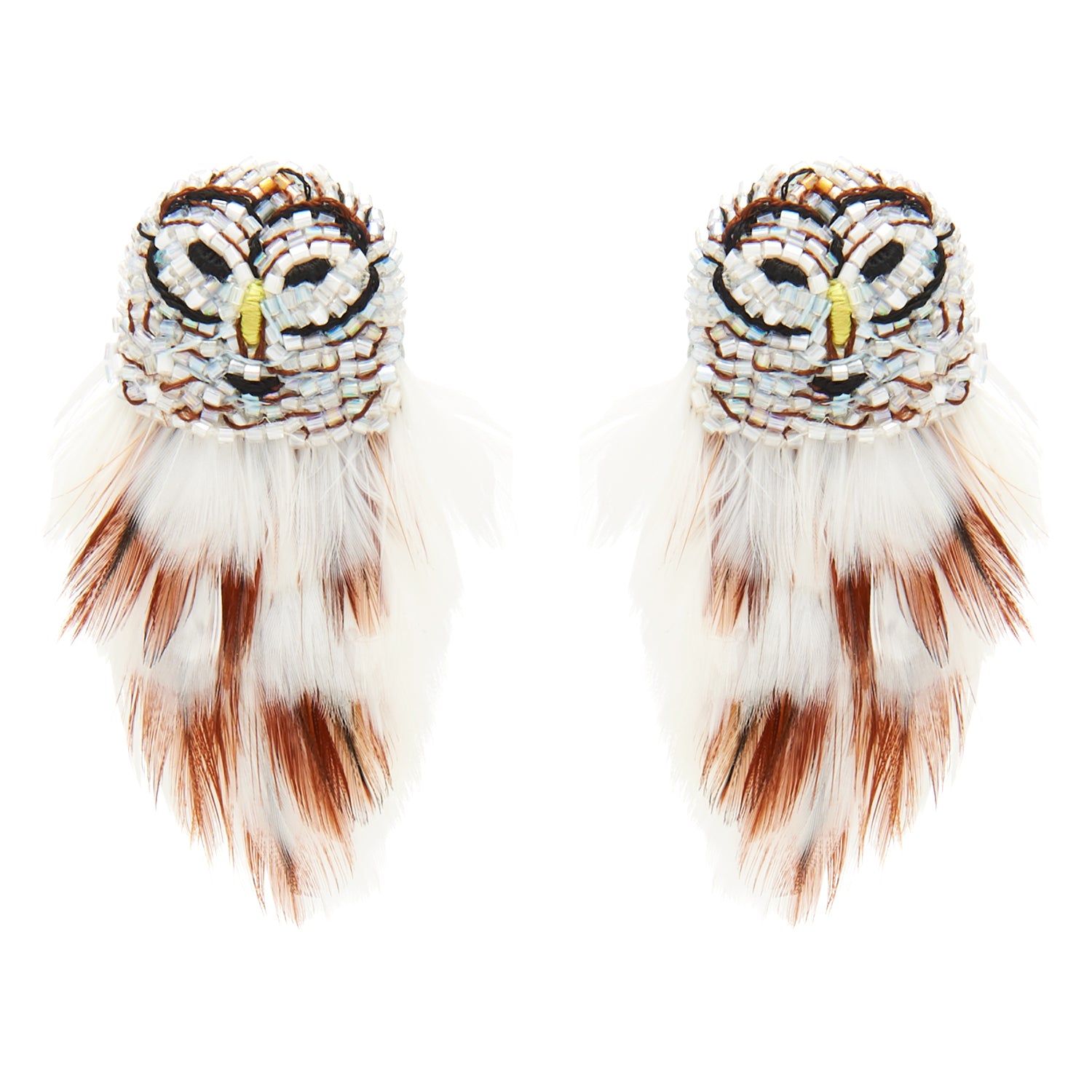 White and Brown Feather and Bead Owl Stud Earrings on Flat White Background