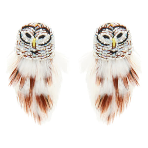White and Brown Feather and Bead Owl Stud Earrings on Flat White Background