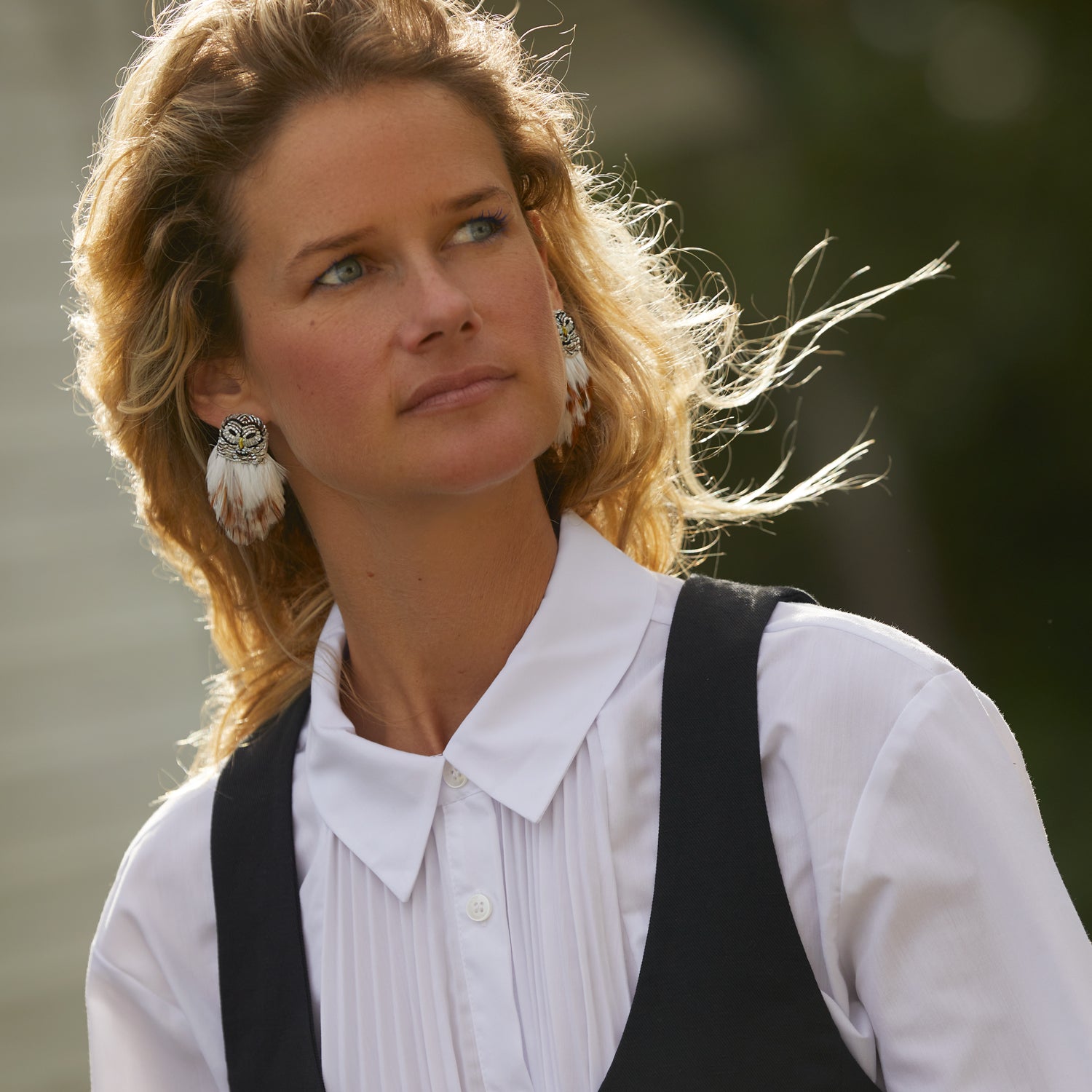 White and Brown Feather and Bead Owl Stud Earrings Styled on Model