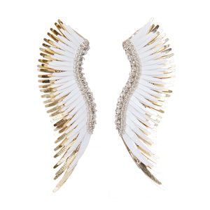 White and Gold Sequin and Bead Wing Earrings on Flat White Background